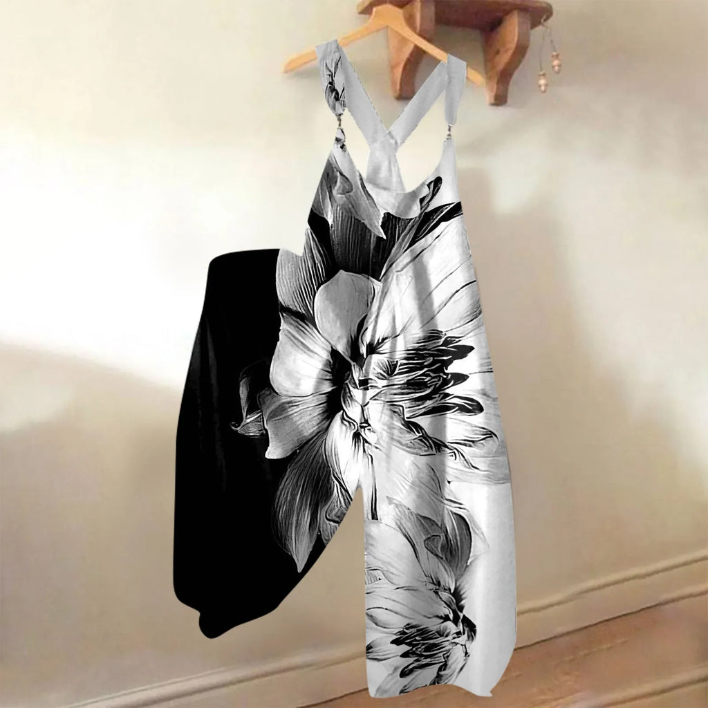 Wide Leg Sleeveless Overalls for Women Casual Loose Fit Jumpsuit with Retro Print Metal Buttons Long Pants Romper with Functional Pockets