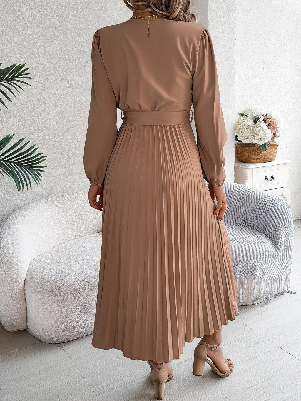Elegant Autumn V Neck Belted Pleated Long Sleeve Dress