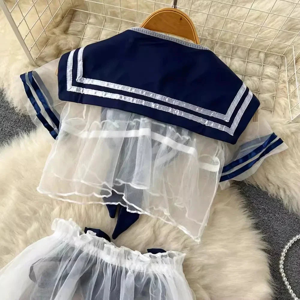 Women Sexy Sheer Transparent Sailor Suit Set Short Sleeve Top With Bow Mini Skirt Sweet Kawaii Cosplay Uniform Pajama