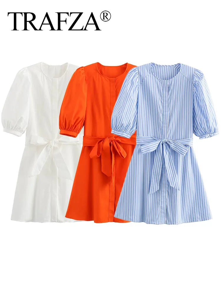 Orange Puff Sleeve Mini Dress With Bow Belt For Women