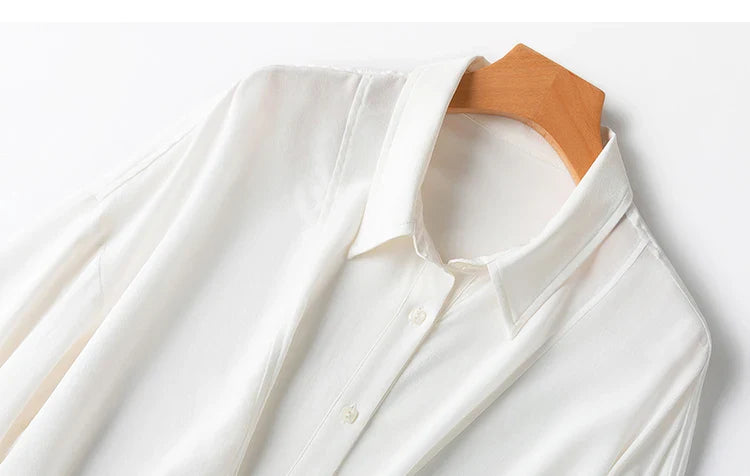 Women 100 Percent Mulberry Crepe Silk White Blouse Lantern Sleeves Bow-Tie Hem Loose Fit Office Top