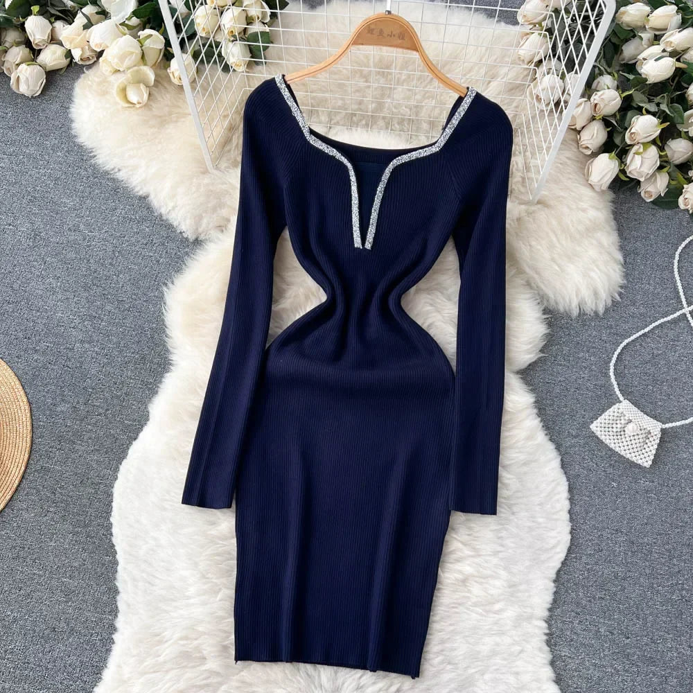 Knit Bodycon Dress For Women Long Sleeve Winter Sweater