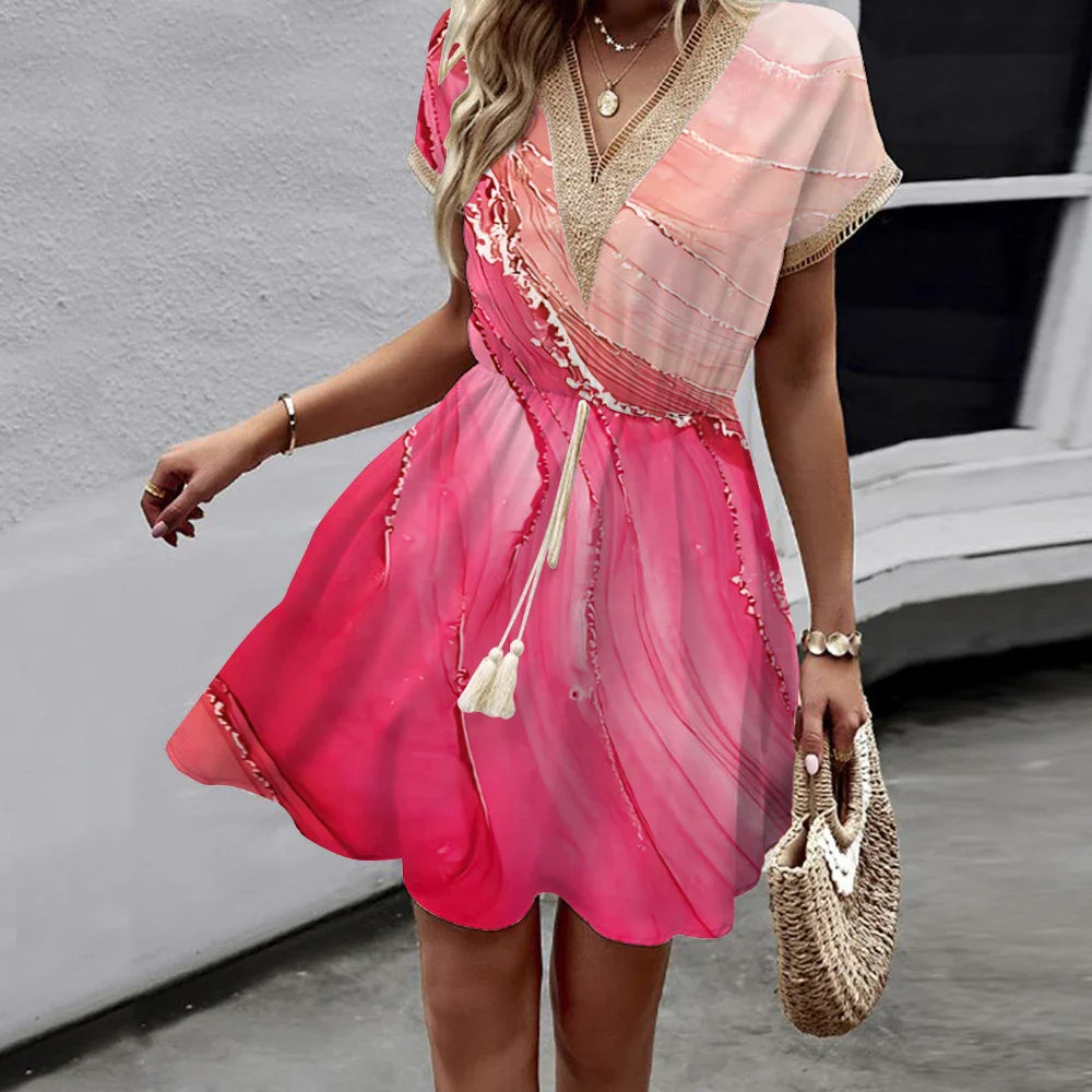 Bat Sleeve Lace Waist Wrap Dress V Neck Printed Midi Length