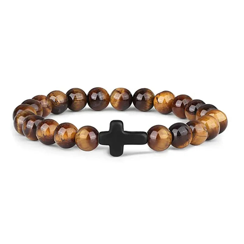 Natural Stone Hematite Cross Bracelet with Onyx and Wood Beads for Men and Women - Meditation and Yoga Jewelry