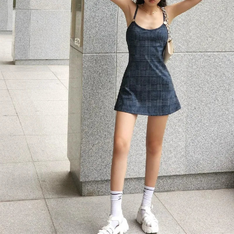 Plaid Backless Bodycon Mini Dress with Suspender Straps
