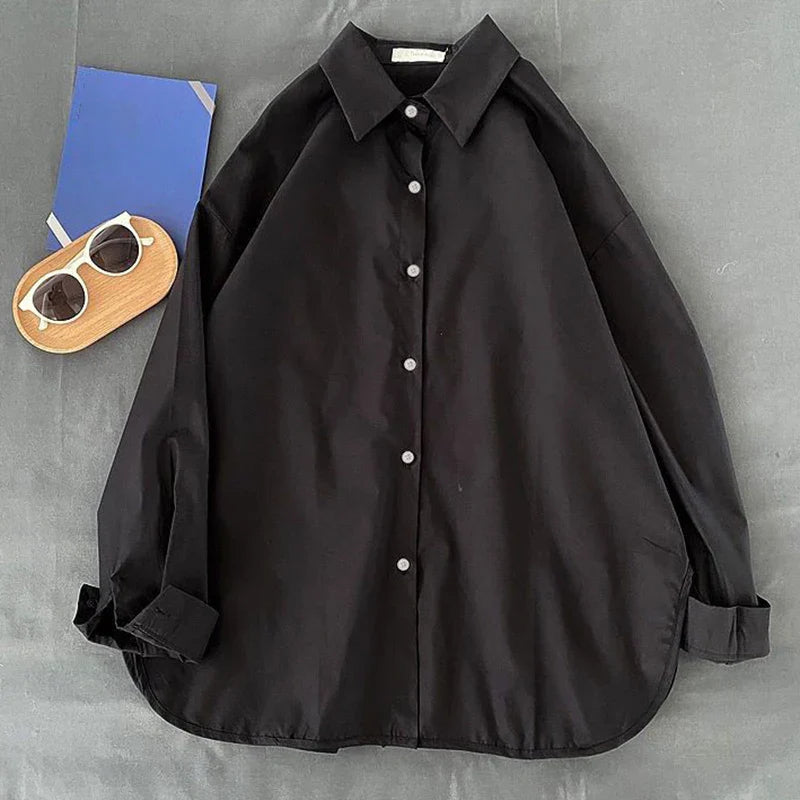 Solid Long Sleeve Loose Fit Blouse Shirt for Women Casual Single Breasted Vintage-Inspired Outerwear Top with Simple Trendy Design