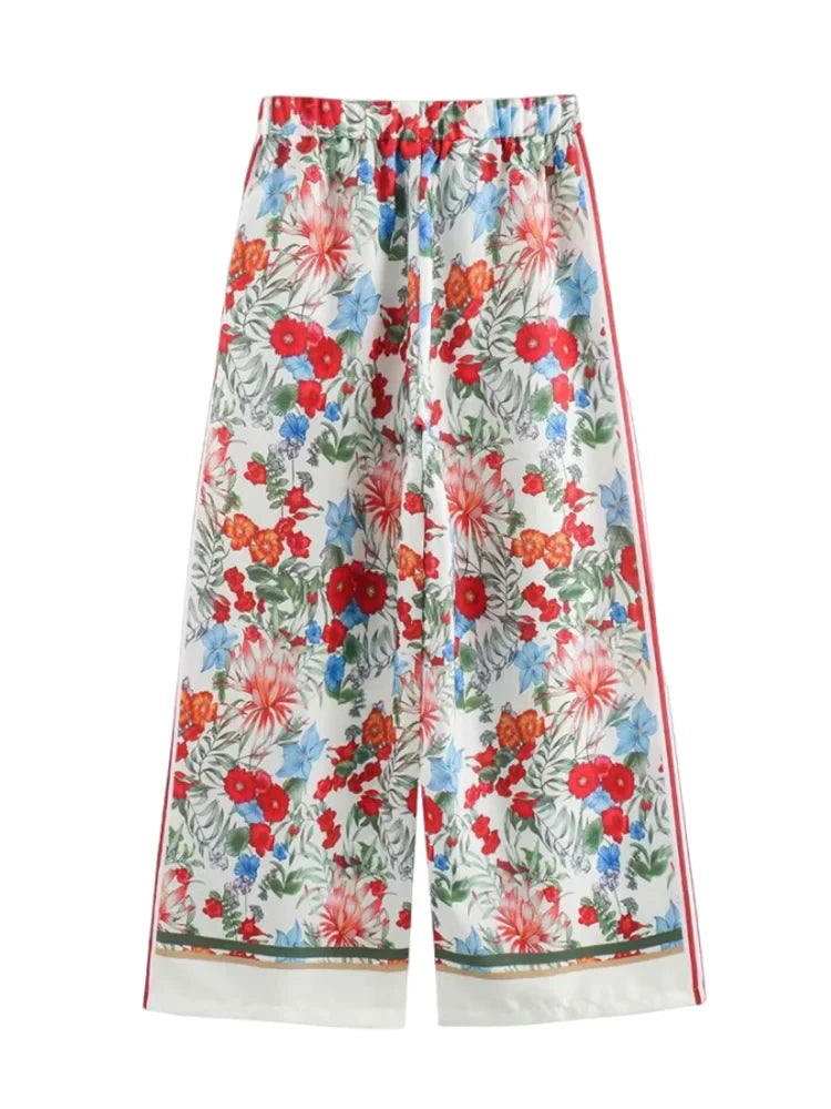 Women's Bohemian Casual Trousers Set with Long Sleeve Shirt and High Waisted Wide Leg Pants