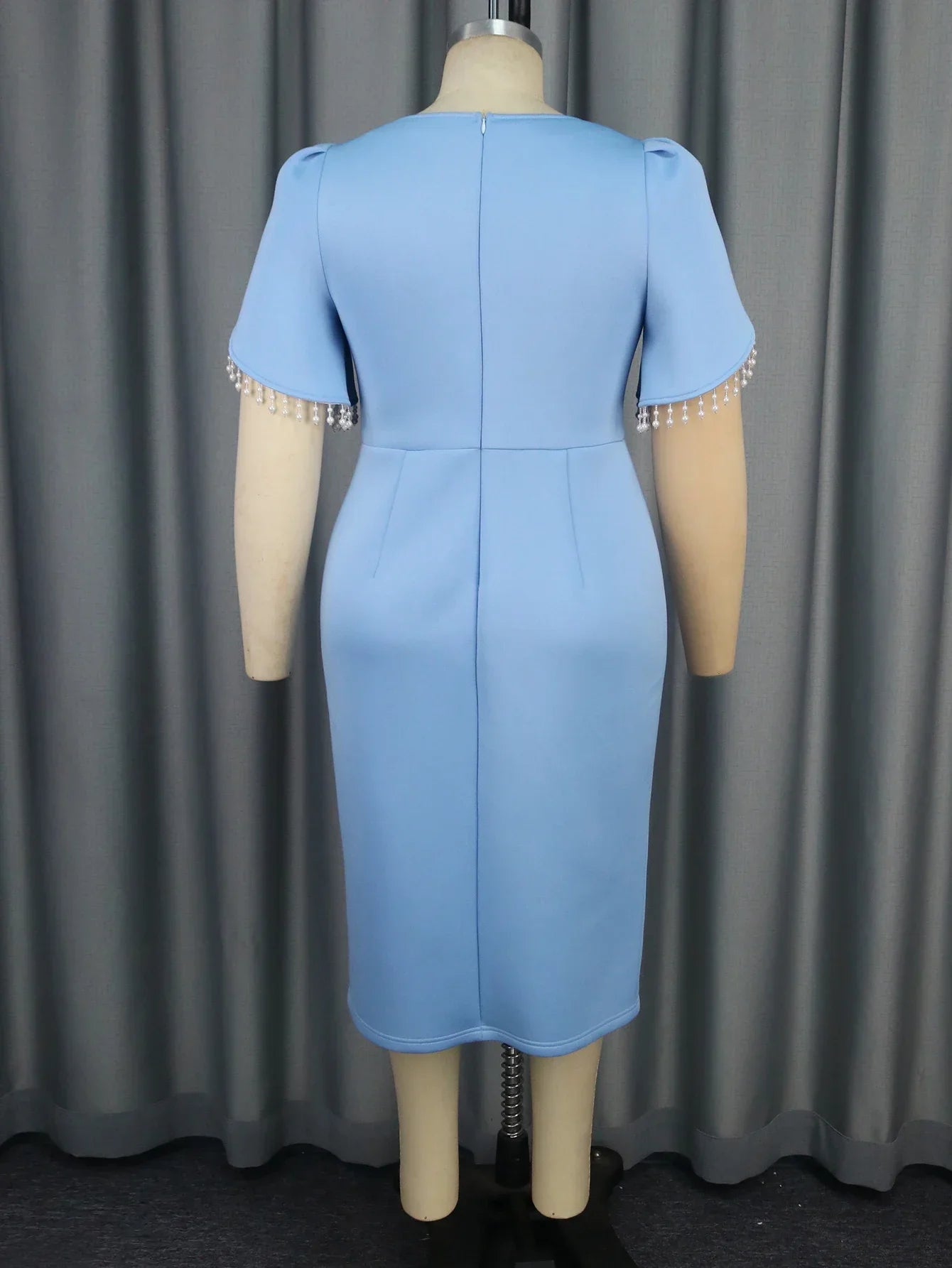 Blue Tassel Evening Gown Square Neck Beaded Patchwork Dress