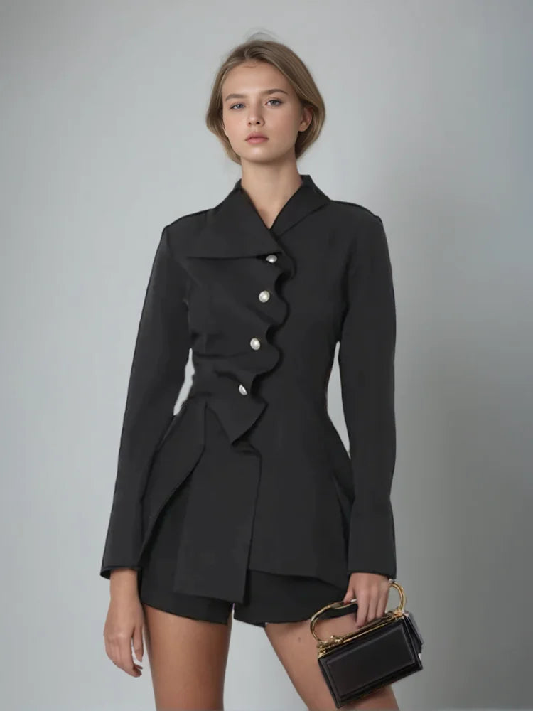 Solid Patchwork Folded Lapel Blouse for Women Long Sleeve Spliced Single Breasted Minimalist Casual Shirt