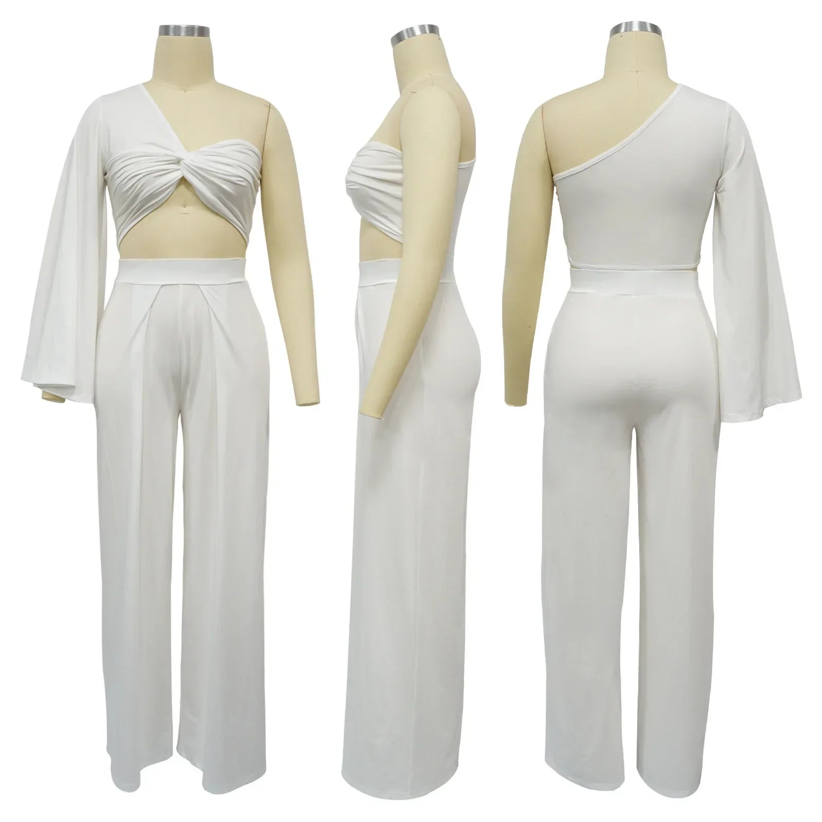 Women's Ruched One Shoulder Sleeve Crop Top and Wide Leg Pants Two Piece Set Outfit