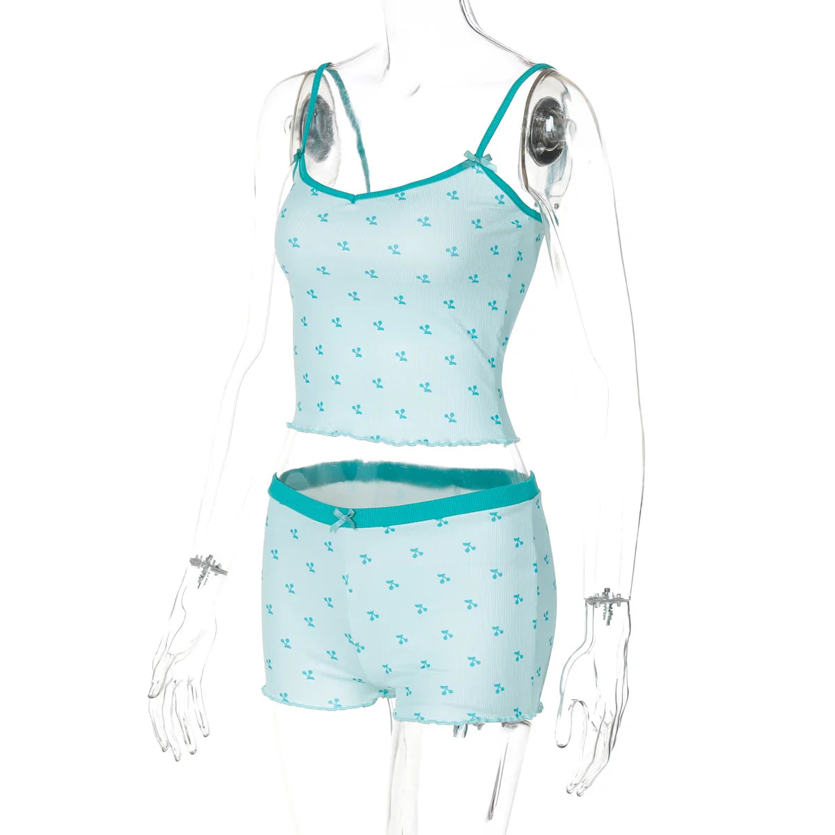 Cherry Print Two-Piece Matching Set with Slim Crop Camisole Top and Bow-Accent Shorts Summer Casual Festival and Workout Outfit for Women
