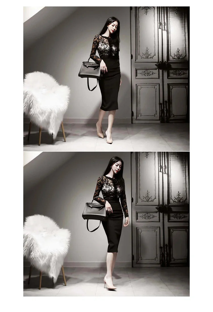Korean Lace Bodycon Dress Women Office Sheath Pencil