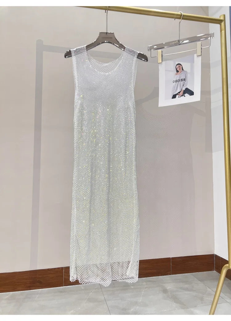 Rhinestone Mesh Midi Dress for Sexy Party and Clubwear