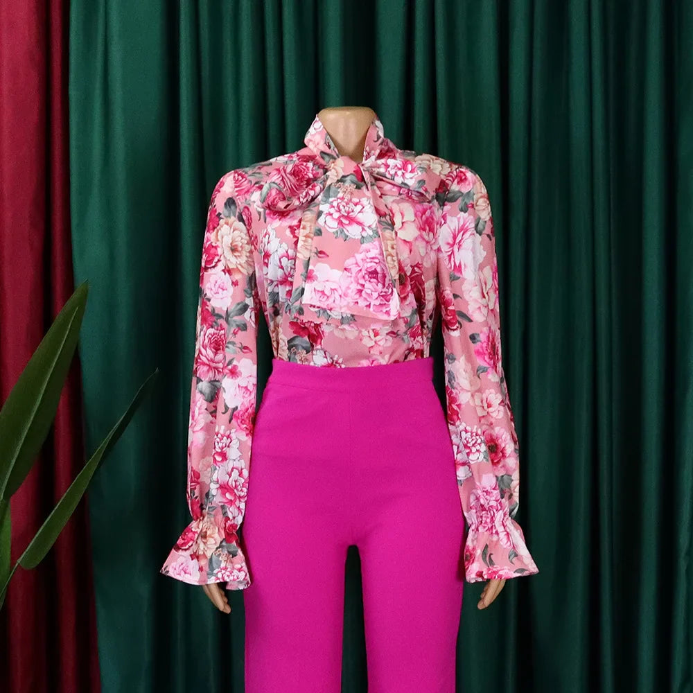 Elegant Full Sleeve Bow Collar Printed Blouse for Women Stylish Business Workwear Shirt Tops
