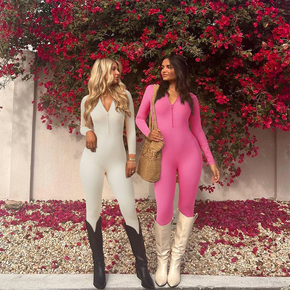 Women's Long Sleeve Solid Bodycon Jumpsuit Zipper Romper Summer Bodysuit Streetwear Overalls Sportswear