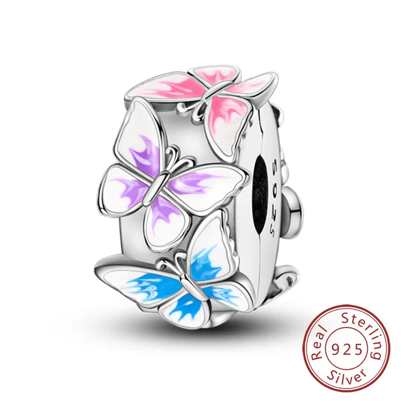 Fit Original 925 Sterling Silver Clip Charms with Zircon and Silicone Spacer Beads for Women DIY Bracelet Gift