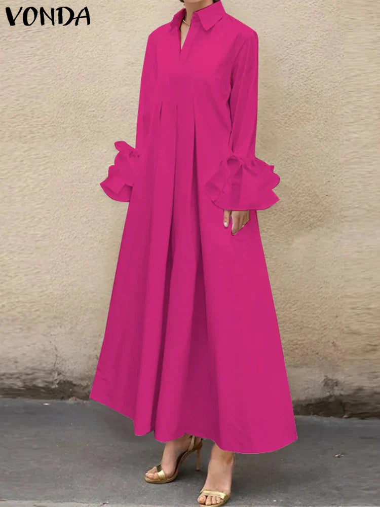 Bohemian Maxi Shirt Dress With Ruffle Pleats Long Sleeve