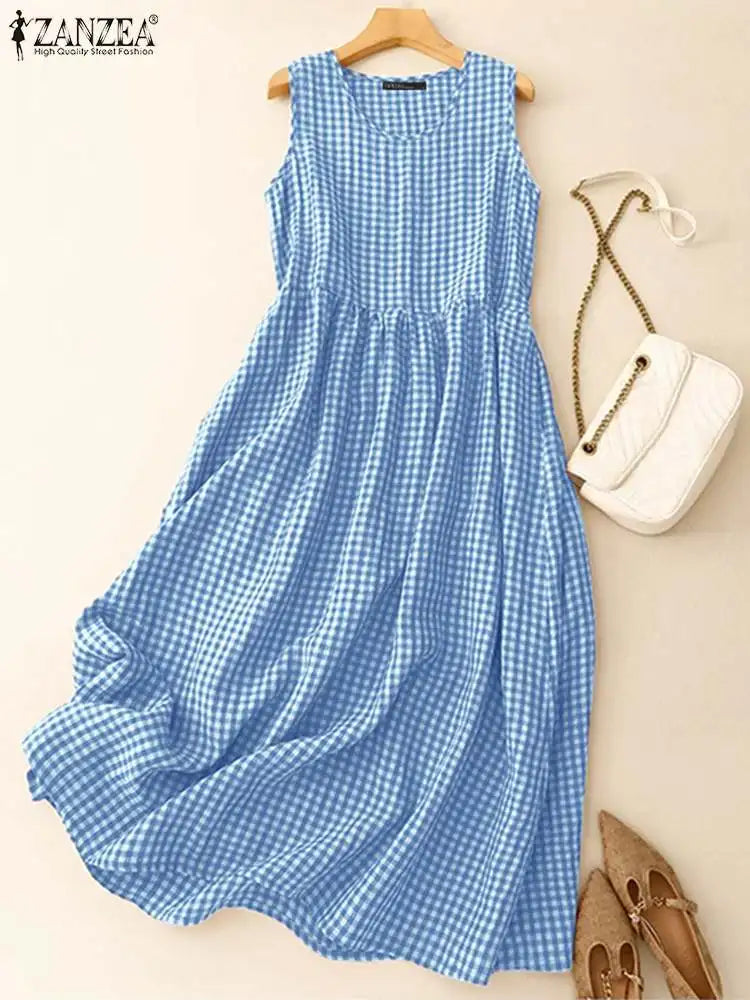 Gingham Midi Dress For Women Vintage Casual Aline Holiday