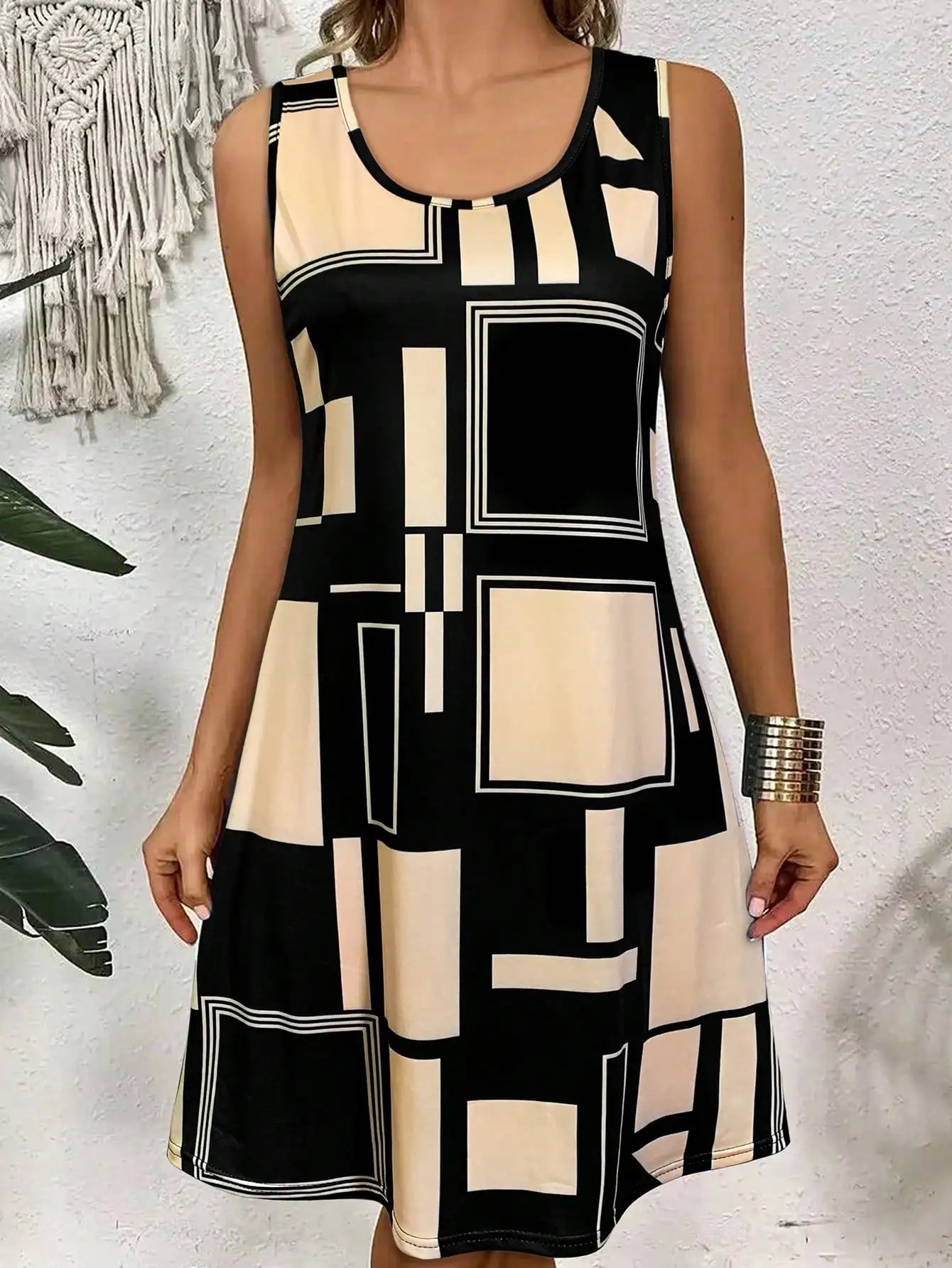 Geometric Pattern Sleeveless Summer Dress For Women