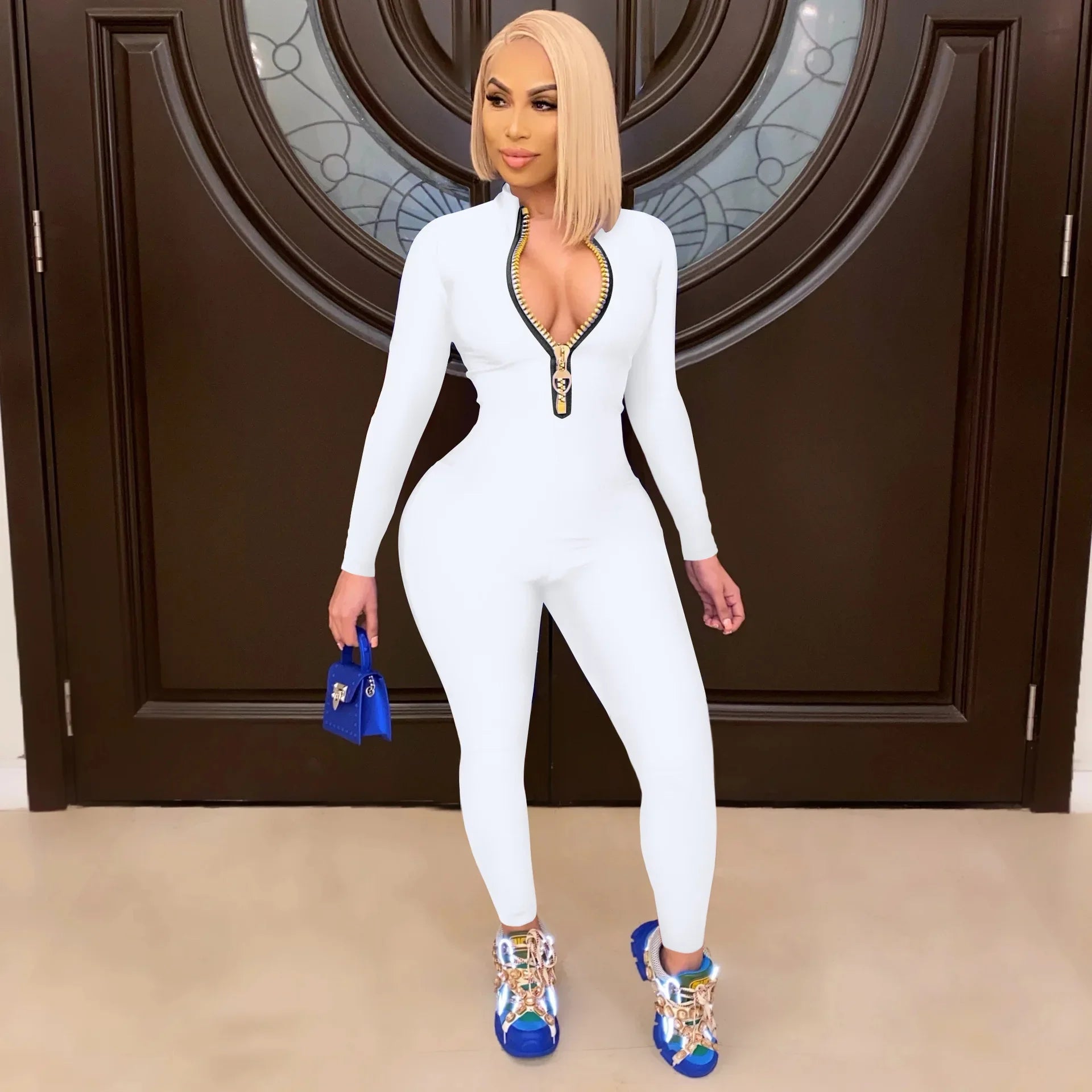 Women's Bodycon One-Piece Jumpsuit with Long Sleeves and Large Front Zipper Casual Sporty Skinny Workout Overalls Top