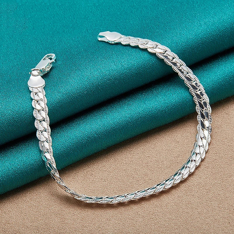925 Silver Flat Side Chain Bracelet with Lobster Clasp for Women and Men, Adjustable 6mm Jewelry Gift for Weddings and Engagements
