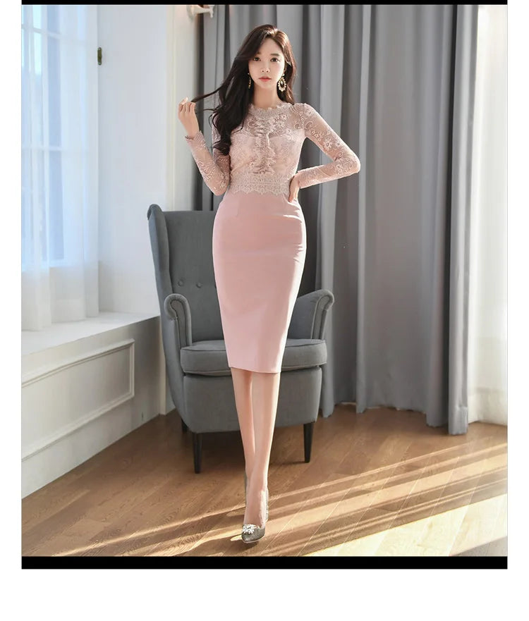 Korean Lace Bodycon Dress Women Office Sheath Pencil