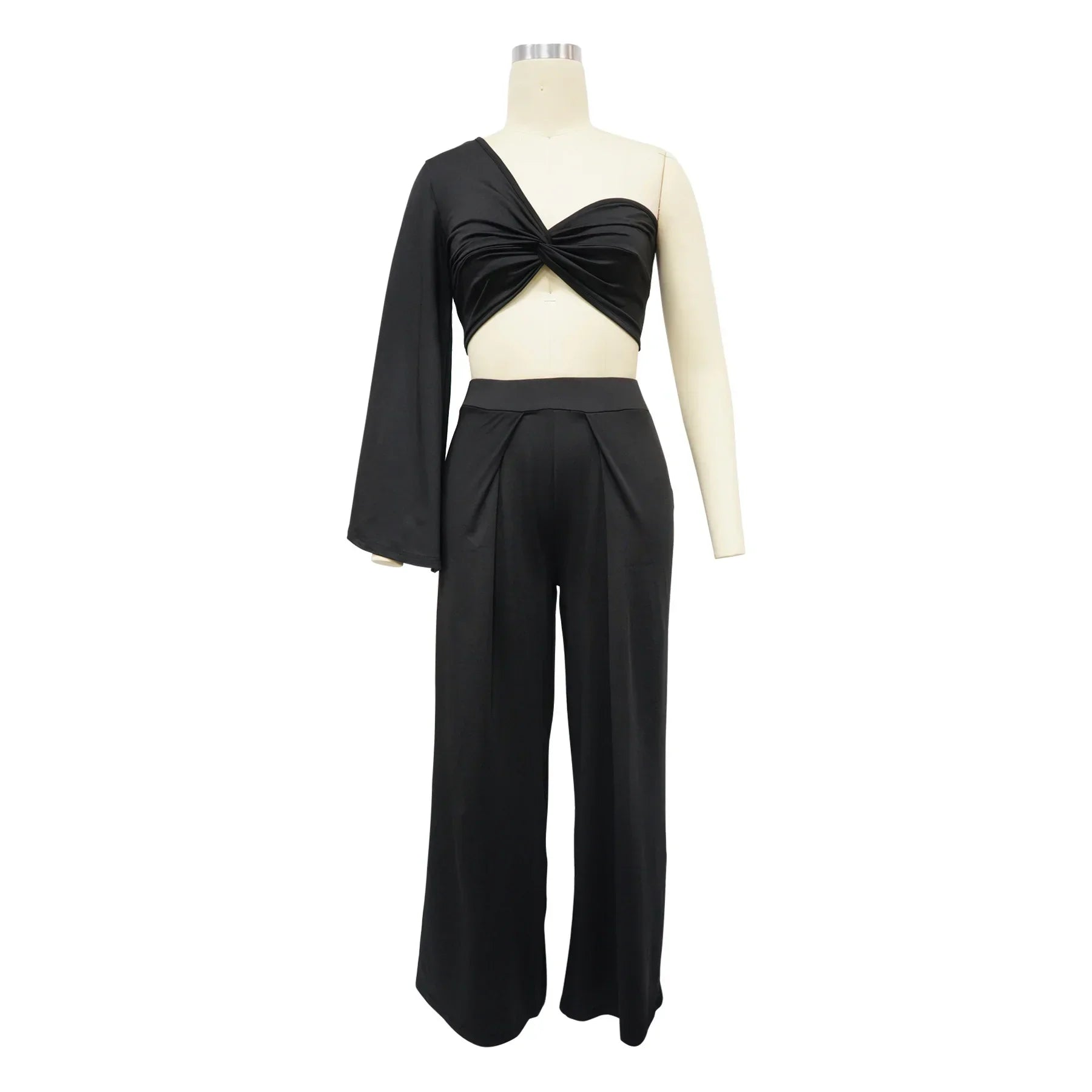 Women's Ruched One Shoulder Sleeve Crop Top and Wide Leg Pants Two Piece Set Outfit