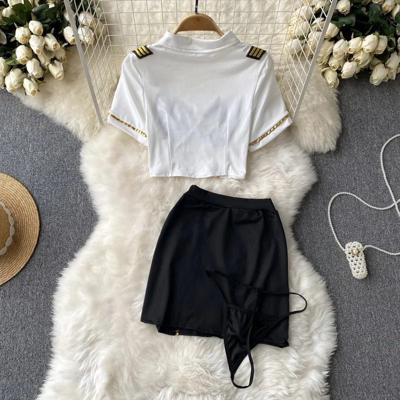 Women Sexy Lace Patchwork Hollow Skirt Suit Set with Turn-Down Collar Top Mini Skirt and Underpants 3-Piece Erotic Pajamas for Cosplay