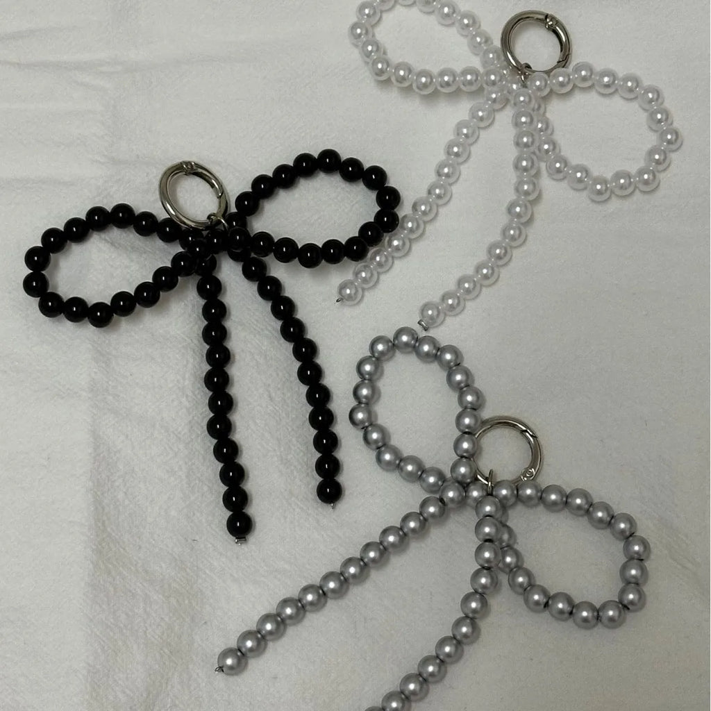 Korean Cute Beaded Pearl Bowknot Keychain for Women and Girls Metal Bow Pendant Bag Decoration Accessories