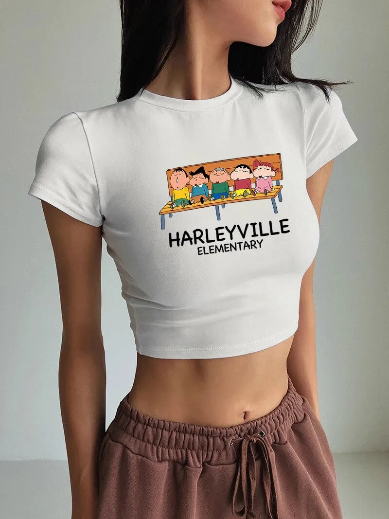 Crayon Shin Chan Summer Crop Top Tight Fitting O-Neck T-Shirt for Casual Wear