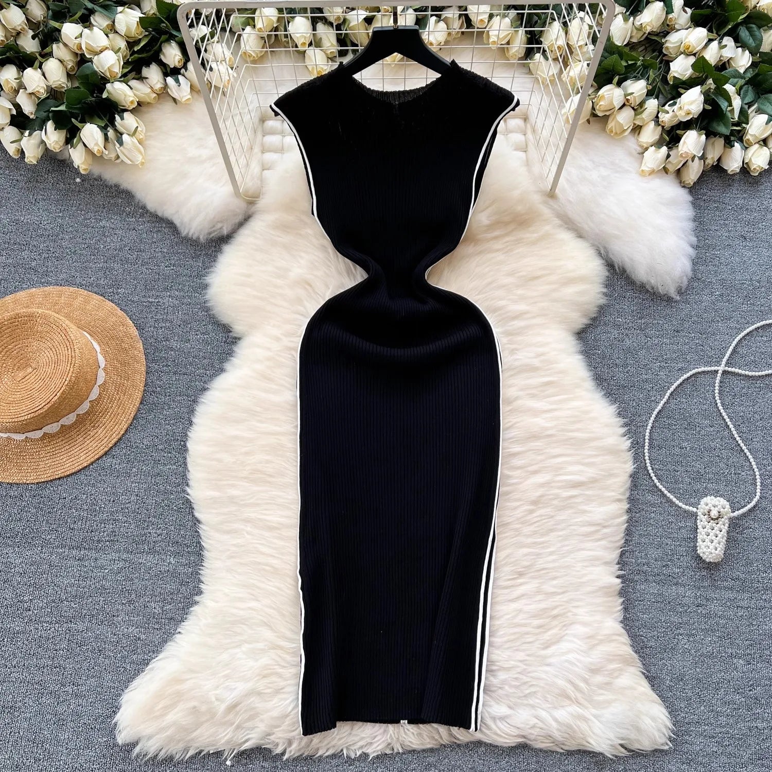 Colorblock Knitted Sleeveless Wrap Dress For Women Slim Tank