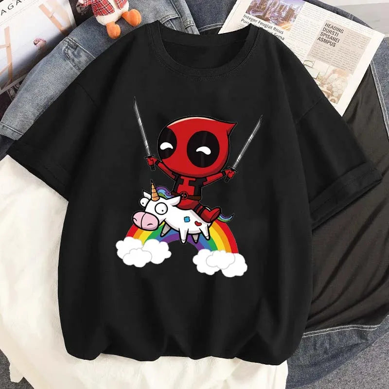 Cartoon Disney Marvel Deadpool Printed T-Shirt for Women Casual Summer Street Wear O-Neck Short Sleeve Tee