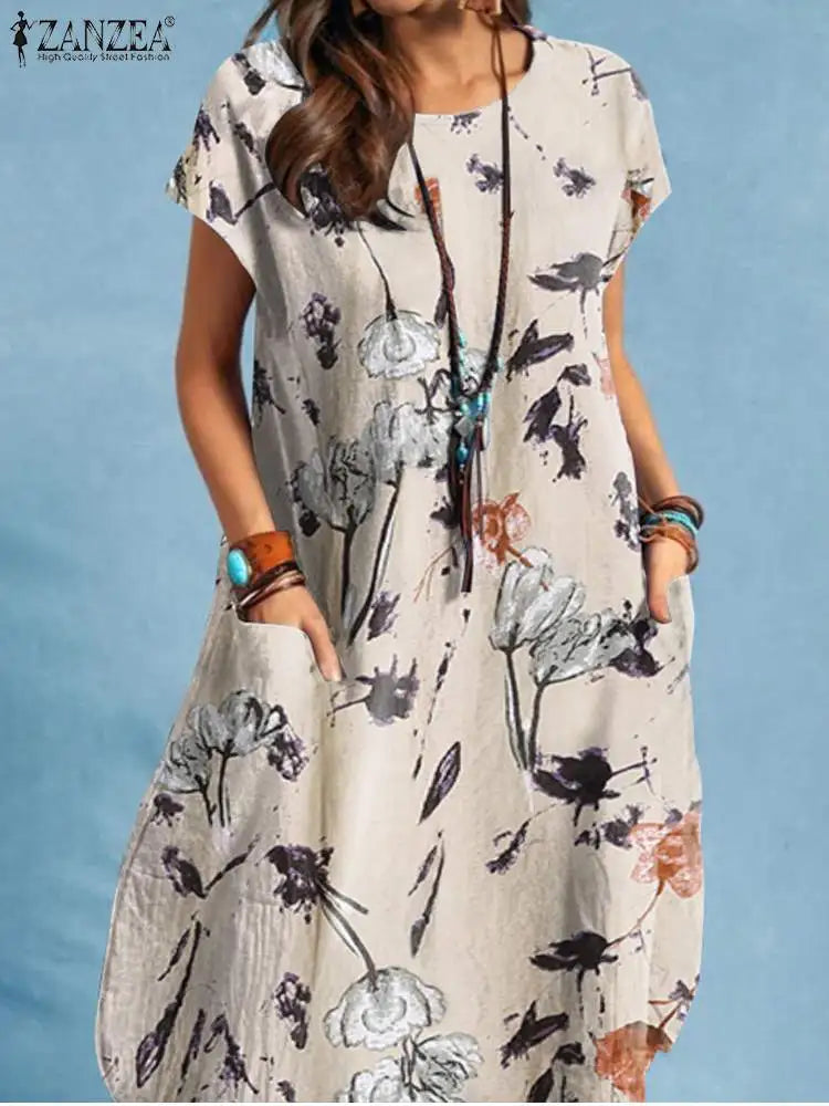 Bohemian Floral Print Midi Dress For Women Summer Beach