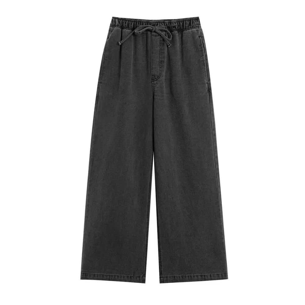 Solid Color V-Neck Loose Denim Pullover Top and High Waist Trousers Set for Women