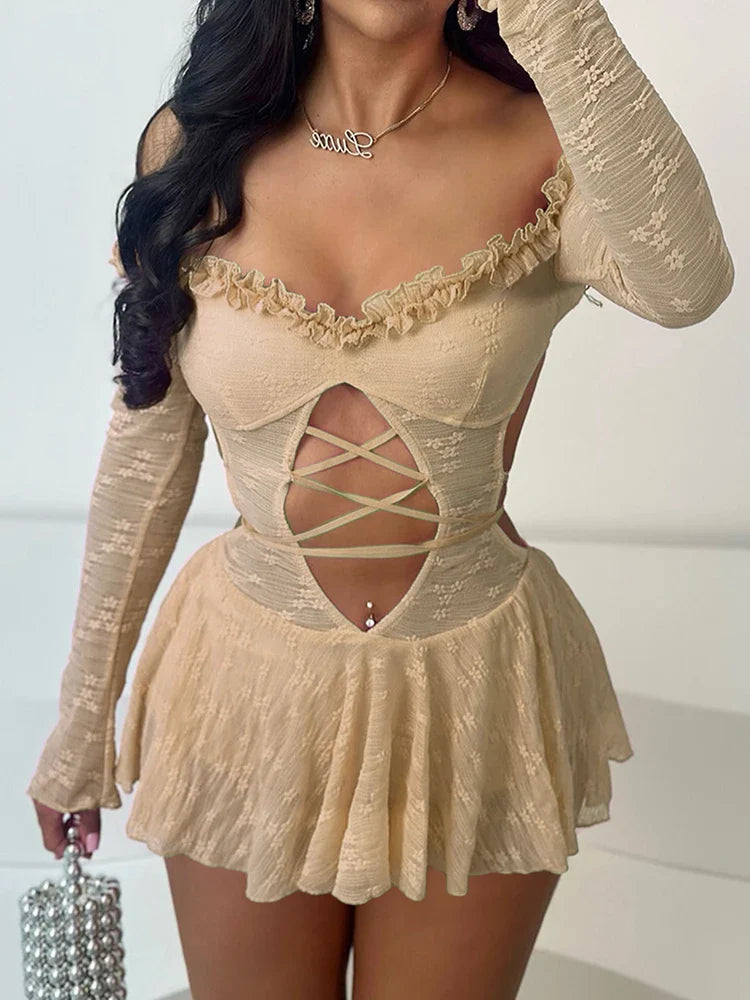 Backless Bandage Dress Hollow Neck Lace Mini Bodycon