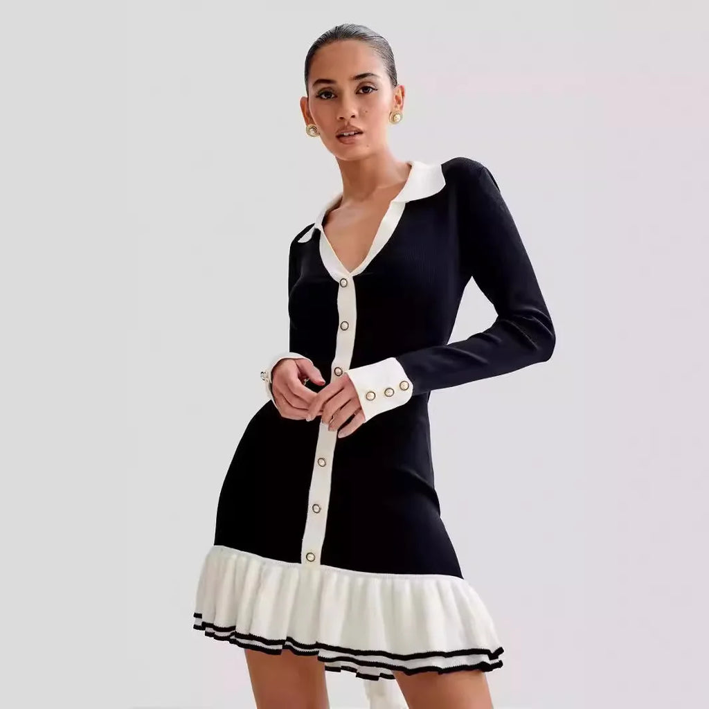 Knitted Dress With Pearl Buckle And Ruffle Edge Sleeves