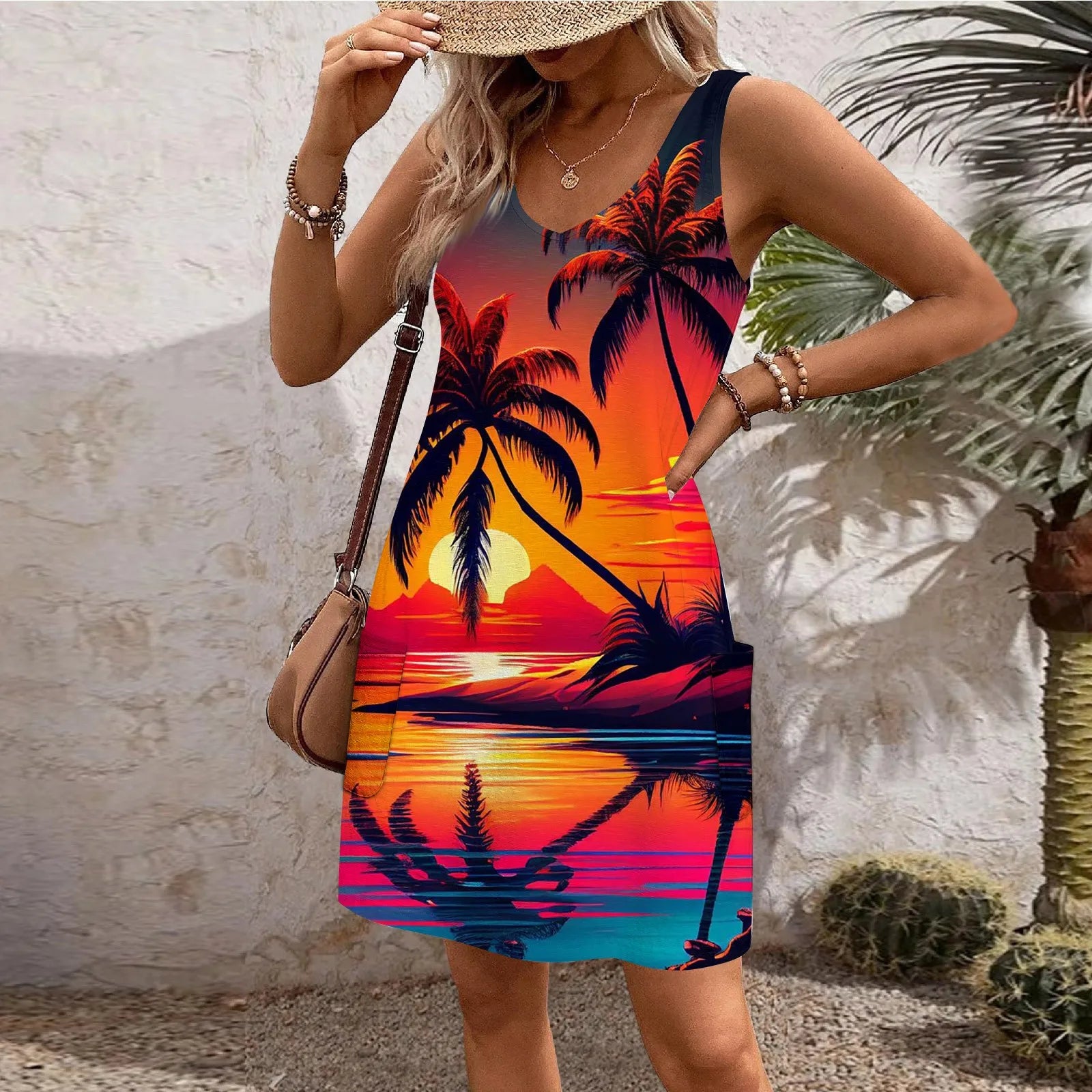 Boho Sundress With Pockets Summer Beach Dress V Neck