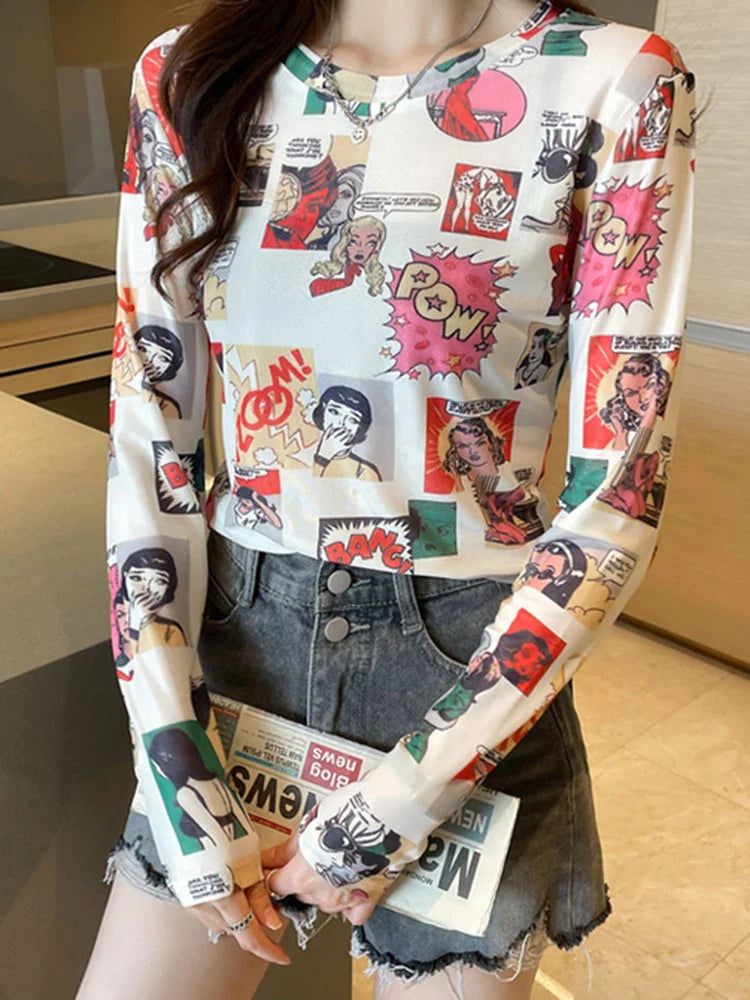 Women's Sexy See-Through Mesh Blouse Long Sleeve Transparent Elegant Printed Shirt Fashion Top