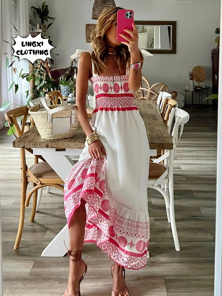 Bohemian Lace Up Maxi Dress Print for Beach Resort Wear