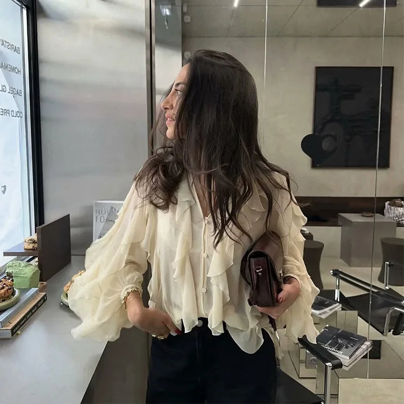 Women's Semi-Transparent V-Neck Tiered Decoration Long Sleeve Casual Shirt Blouse Top