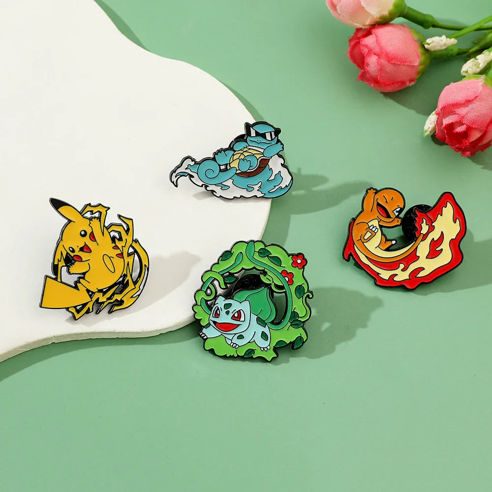 Cute Cartoon Pocket Monsters Enamel Brooch Set for Bags - 4 Pcs Creative Animated Character Accessories