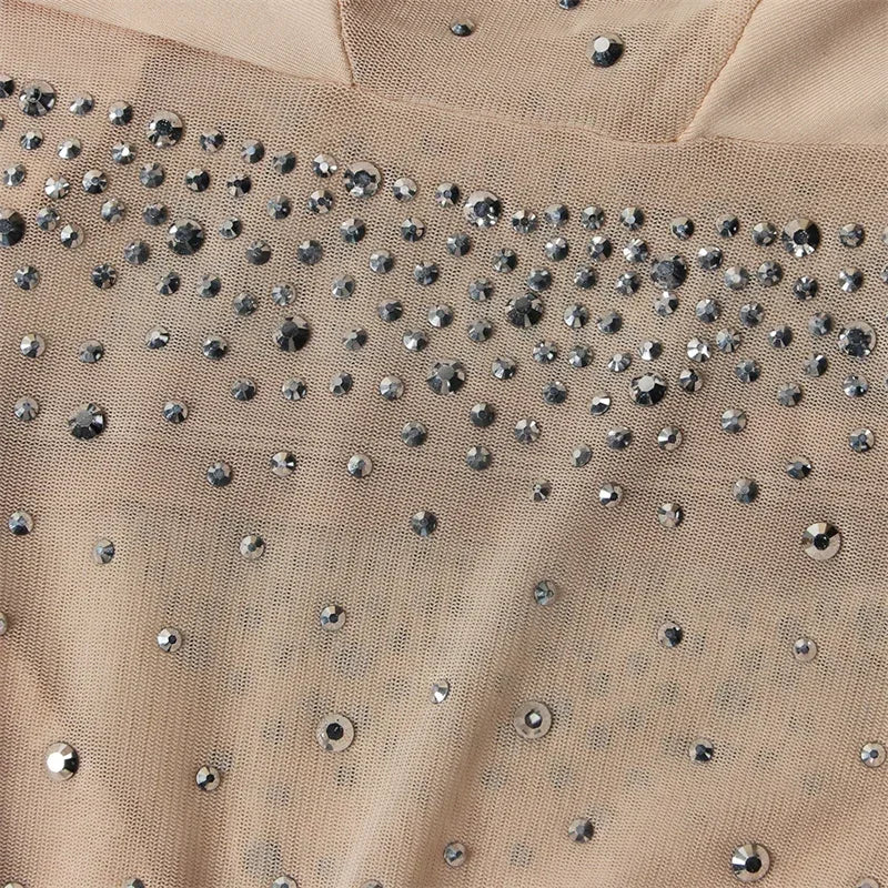 Sexy Rhinestone Long Sleeve Sheer Mesh Patchwork Skinny Jumpsuit Romper for Women Luxury Night Party Club Overalls Birthday Outfit