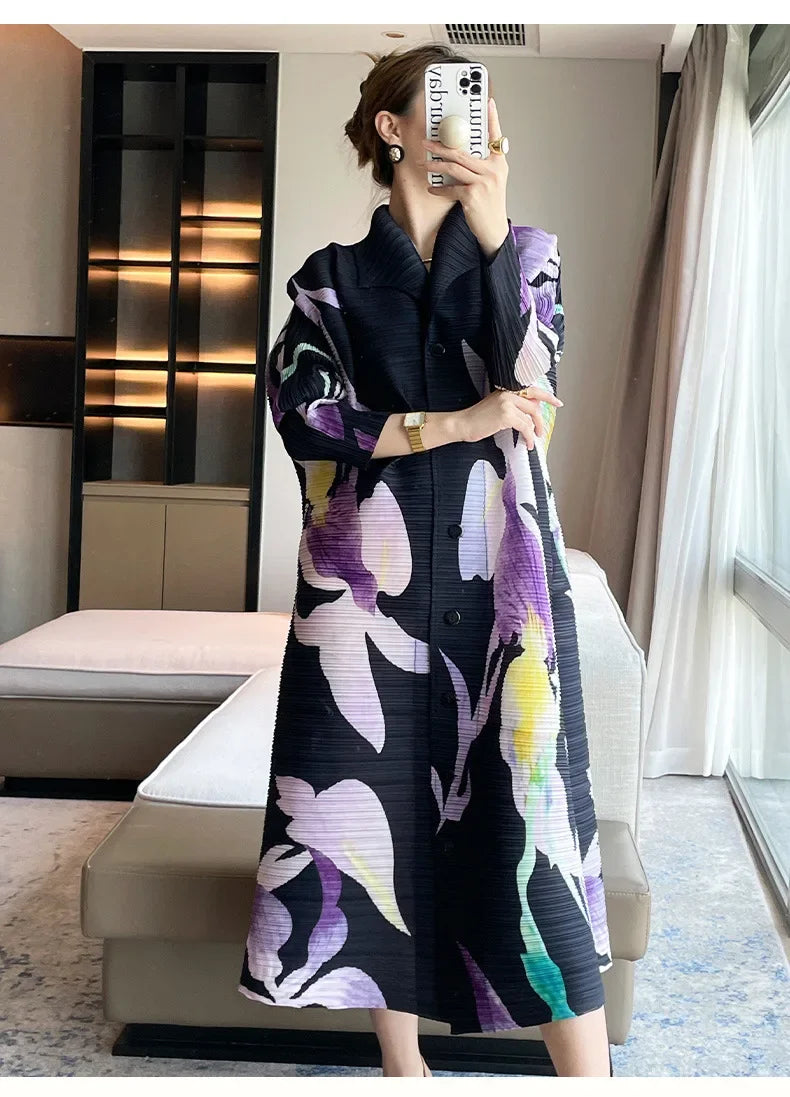 Printed Floral Midi Dress With Pleated Sleeves And Lapel