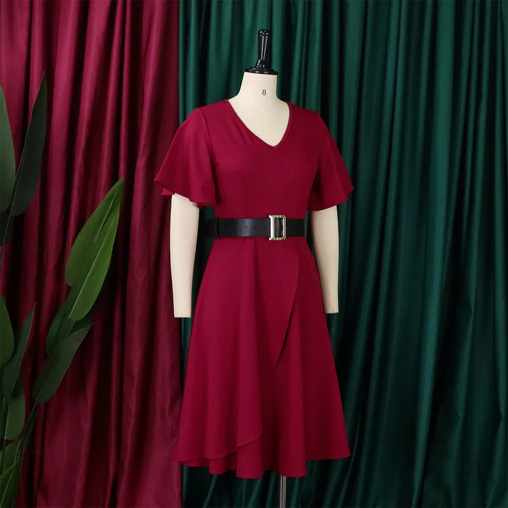 Elegant Womens Belted Round Neck Ruffle Sleeve Midi Dress