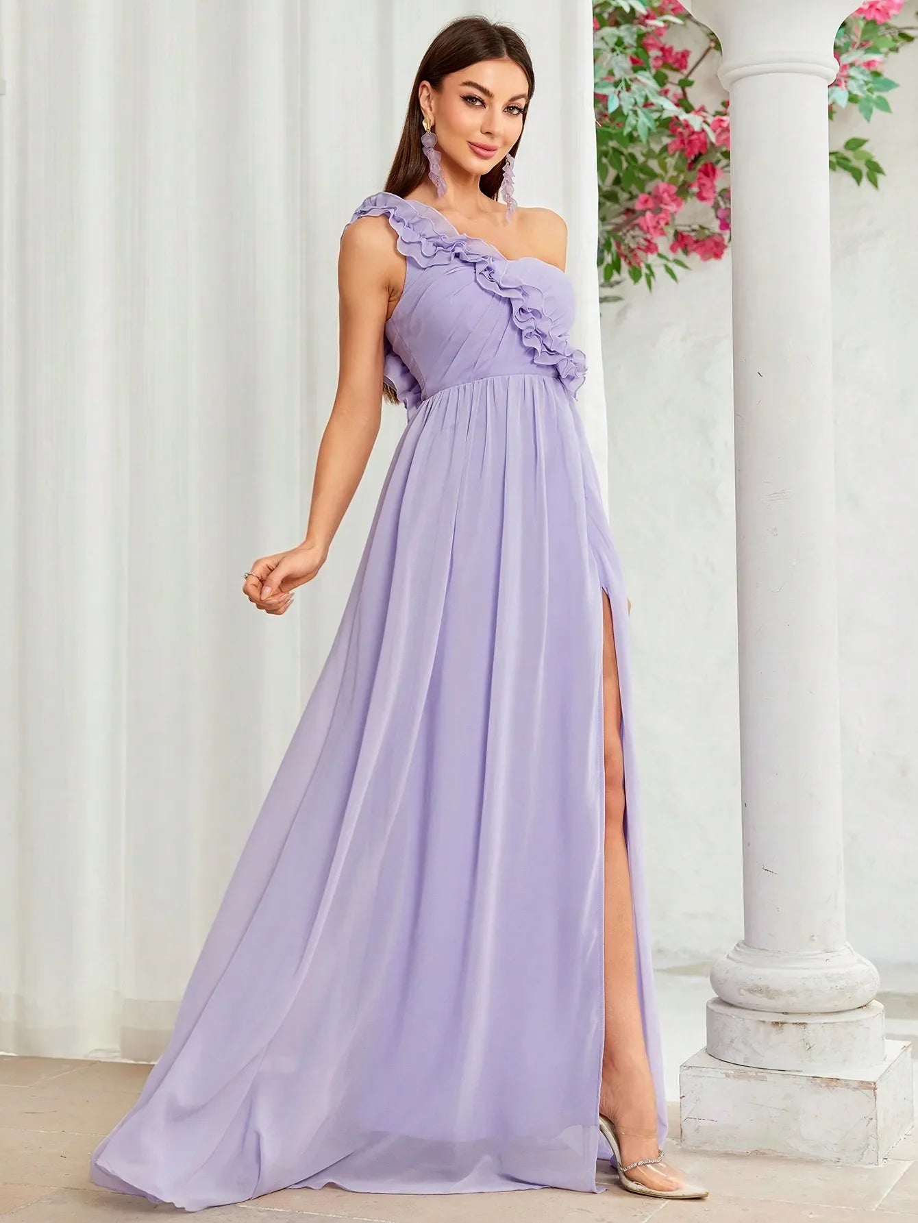One Shoulder Floral Chiffon Evening Gown Asymmetric Back