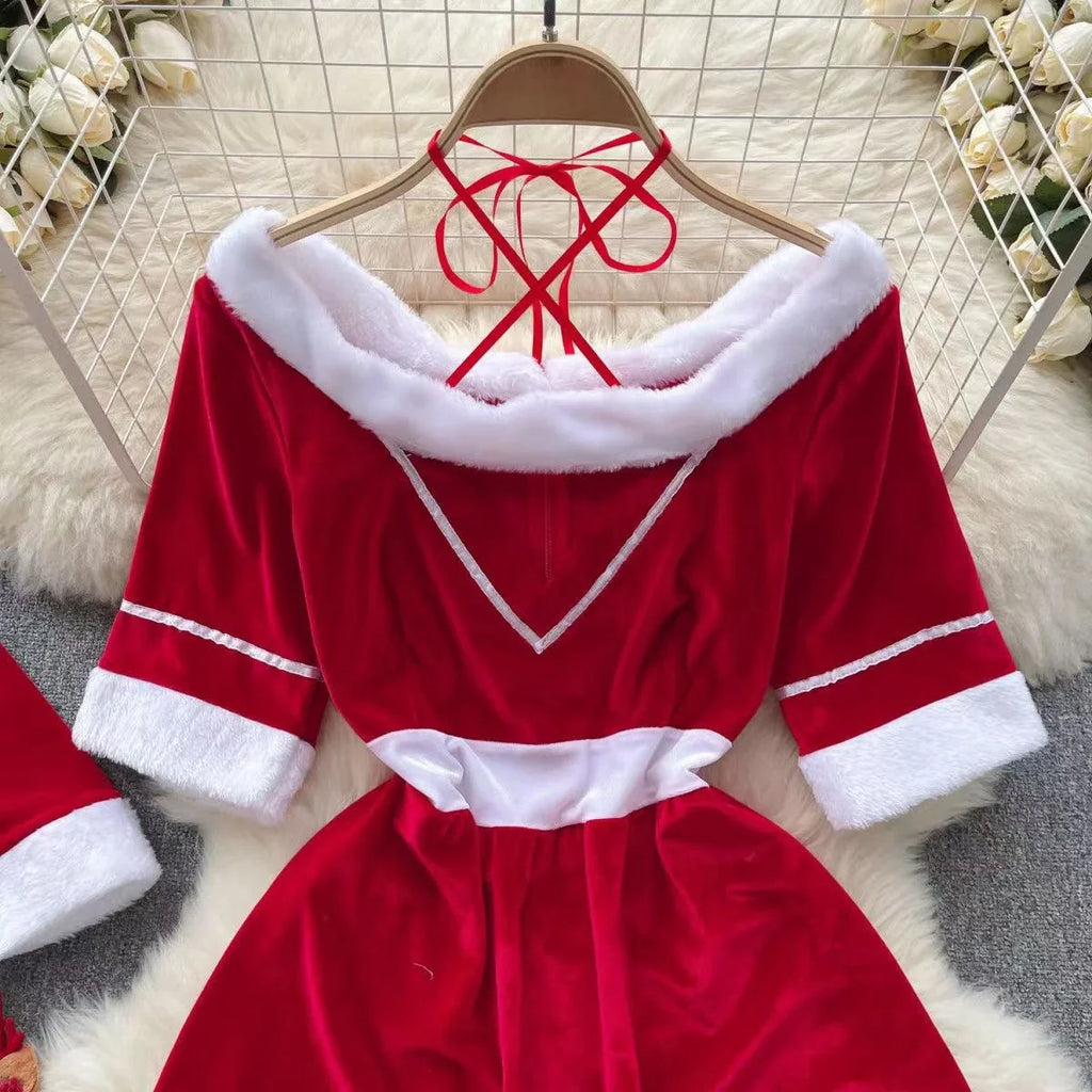 Sexy Christmas Cosplay Dress Red Halter Neck Mini Costume