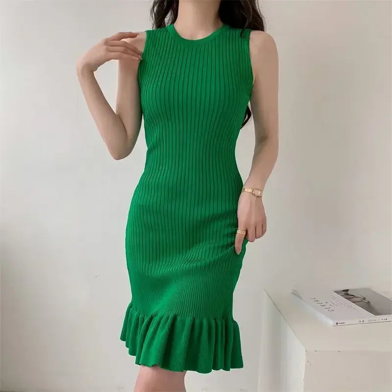 Slimming Knit Dress Sleeveless Fish Tail Leaf Design