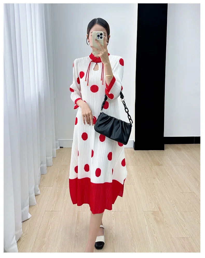 Polka Dot Pleated Dress for Women with Stand Collar