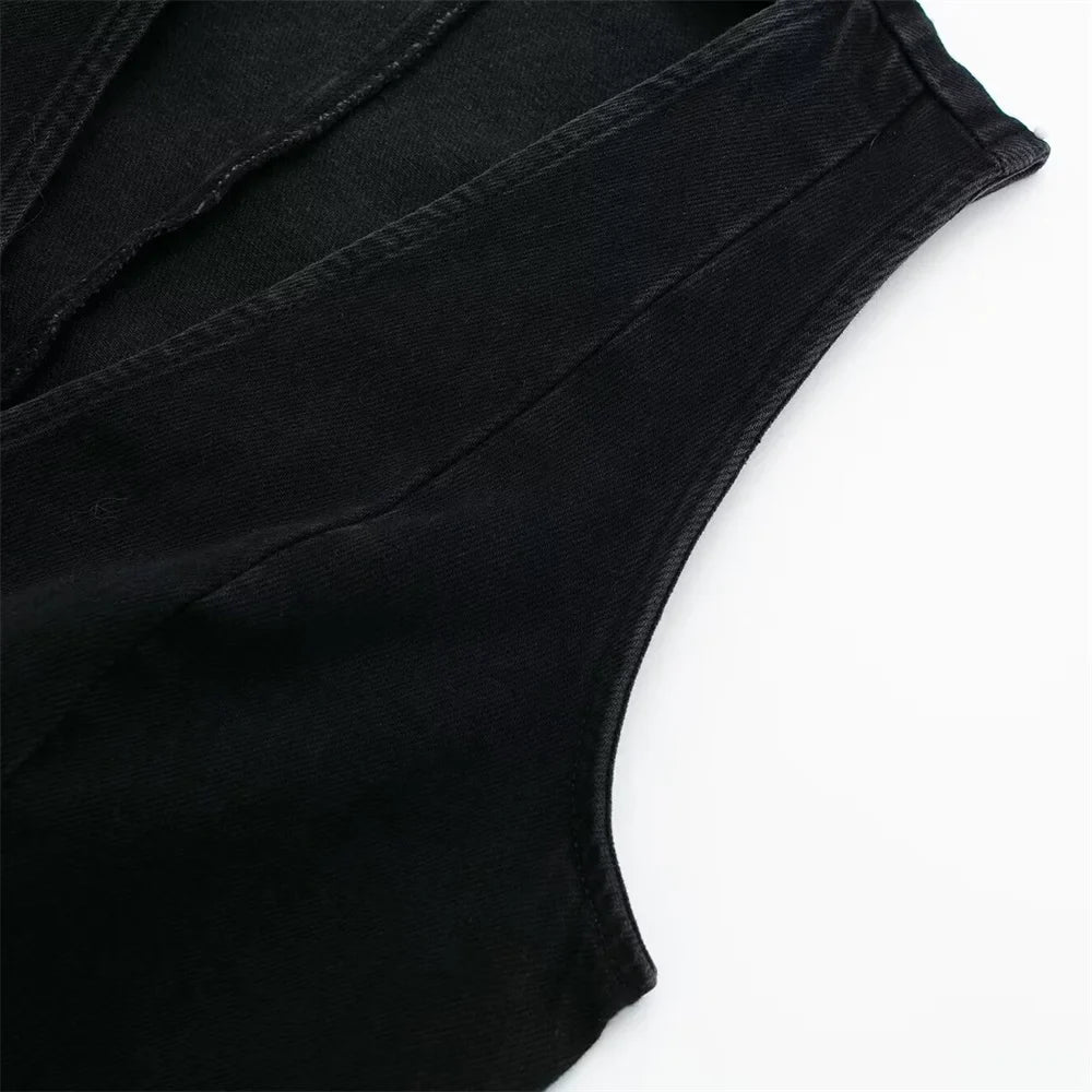 Women's Chic Short Denim Tank Top and Double Breasted Midi Denim Skirt Set Slimming Casual Fashion Ensemble