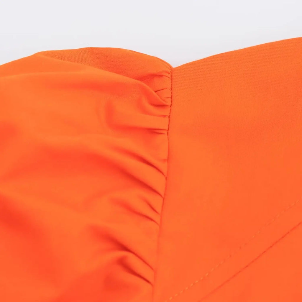 Orange Puff Sleeve Mini Dress With Bow Belt For Women